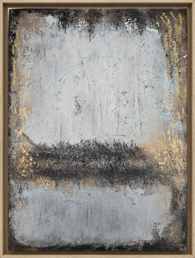 large, high textured abstract painting using earth tones and gold leaf