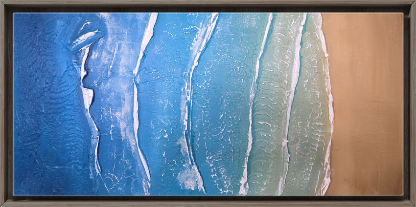 Aqueous Meridian a top view seascape painting showing waves coming in to a sandy beach with rich blues and crested white cap waves.